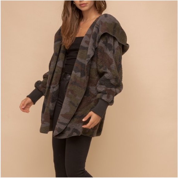 03 Cozy Camo Print Open Front Hoodie Jacket - Picture 3 of 6